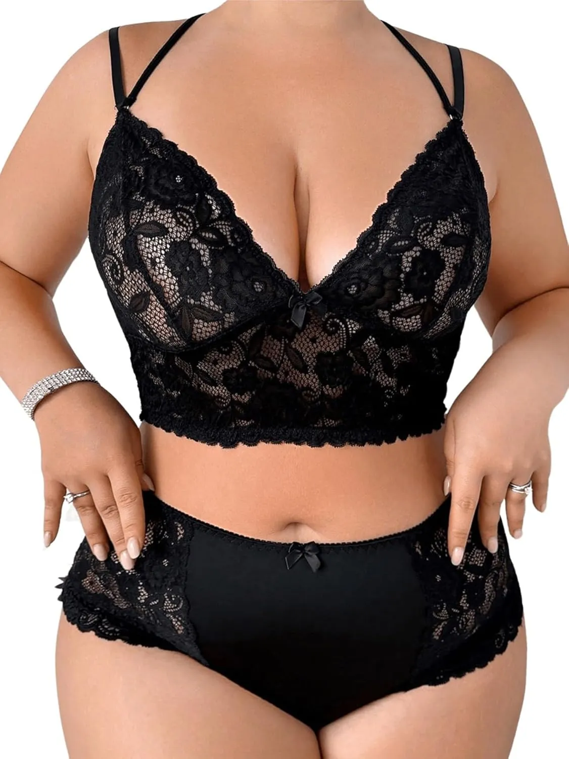 MakeMeChic Women's Plus Size Lingerie Sets Lace Bow Cut Out Scallop Trim Bra and Panty Set