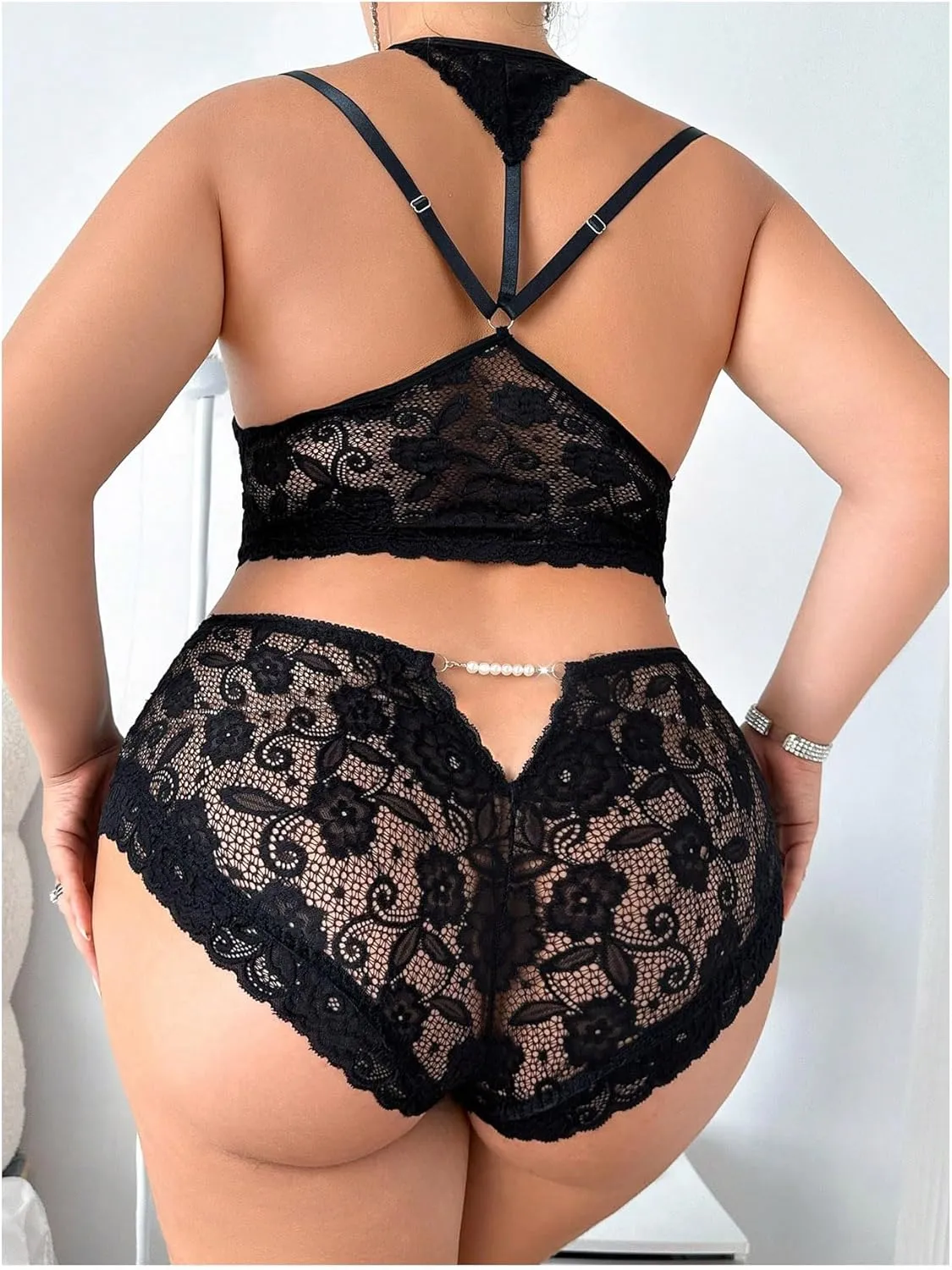MakeMeChic Women's Plus Size Lingerie Sets Lace Bow Cut Out Scallop Trim Bra and Panty Set