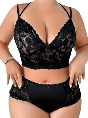 MakeMeChic Women's Plus Size Lingerie Sets Lace Bow Cut Out Scallop Trim Bra and Panty Set