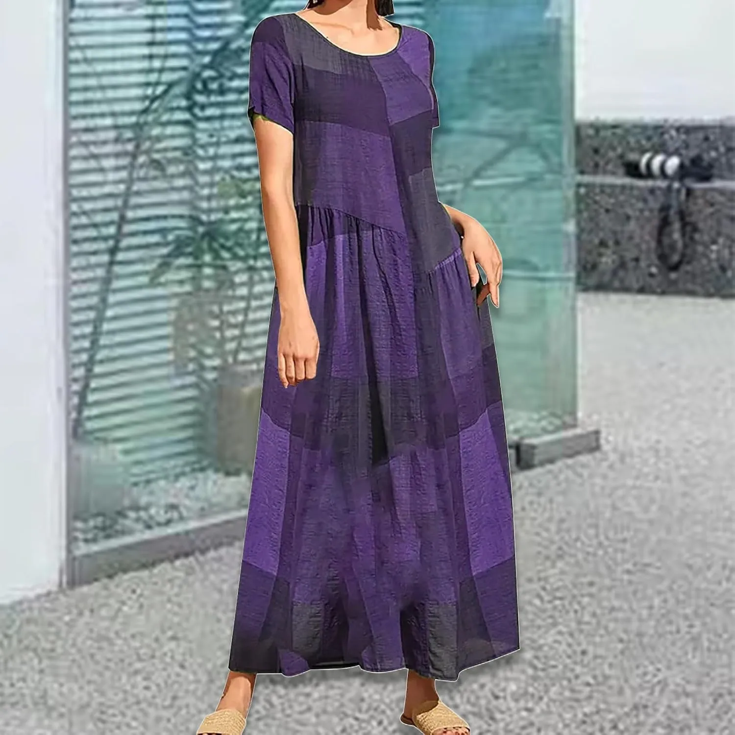 Maxi Dresses for Women 2025 Short Sleeve Crewneck Long Dress Ruffle Flowy Swing Dress Loose Waist Casual Summer Maxi