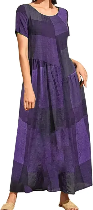 Maxi Dresses for Women 2025 Short Sleeve Crewneck Long Dress Ruffle Flowy Swing Dress Loose Waist Casual Summer Maxi