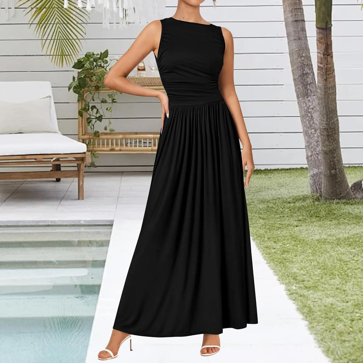 Maxi Dresses for Women 2025 Sleeveless Crewneck Tank Dress A line Pleated Flowy Dresses Elegant Wedding Guest Dress