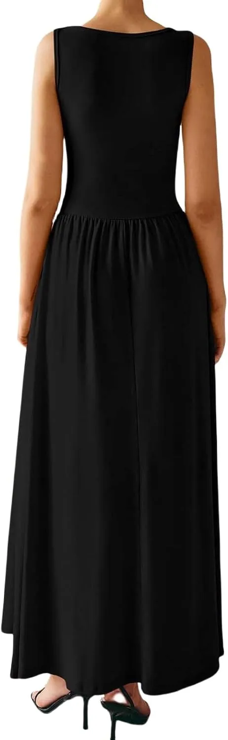 Maxi Dresses for Women 2025 Sleeveless Crewneck Tank Dress A line Pleated Flowy Dresses Elegant Wedding Guest Dress