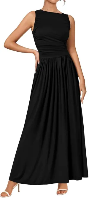Maxi Dresses for Women 2025 Sleeveless Crewneck Tank Dress A line Pleated Flowy Dresses Elegant Wedding Guest Dress