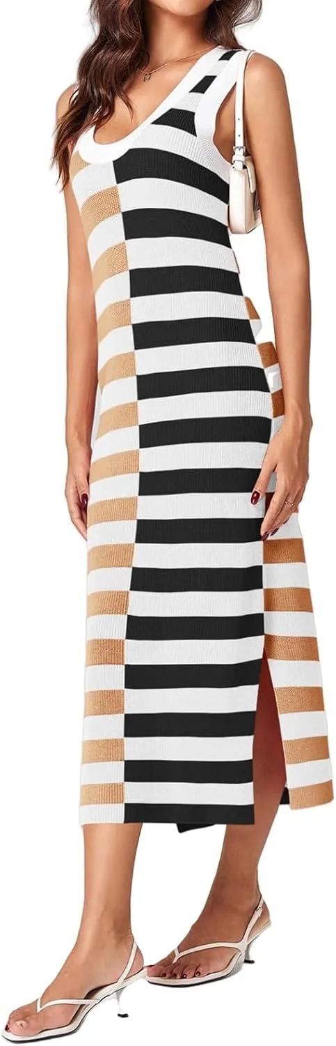 Maxi Dresses for Women 2025 Sundress Knitted Sleeveless U Neck Tank Tops Striped Dresses Color Block Fashion Trendy