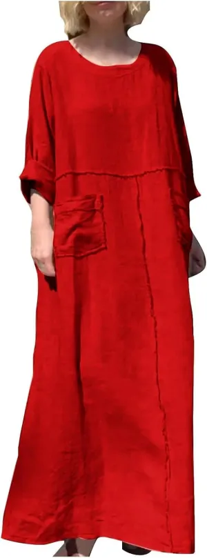 Maxi Dresses for Women Casual Long Sleeve Crewneck Dress Cotton Linen Loose Long Dress Fashion Plus Size Dresses