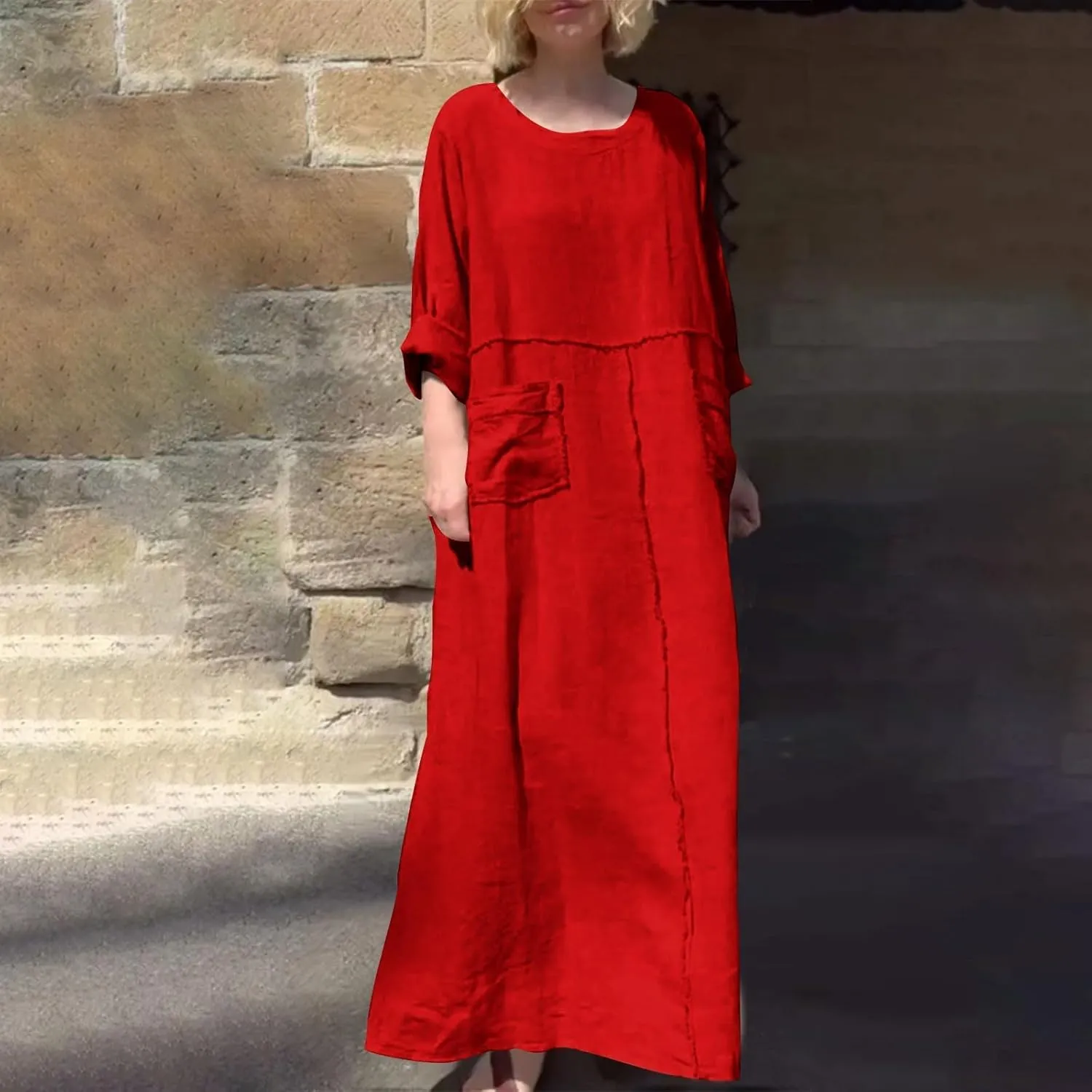 Maxi Dresses for Women Casual Long Sleeve Crewneck Dress Cotton Linen Loose Long Dress Fashion Plus Size Dresses