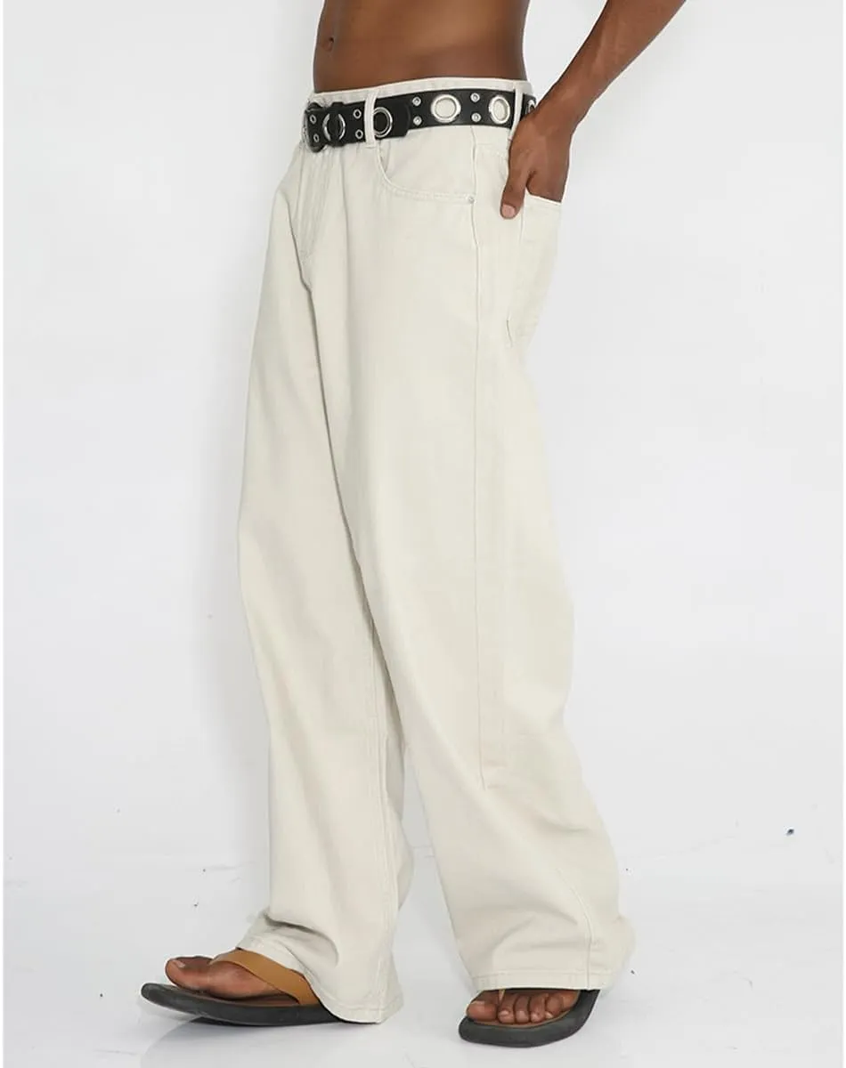 Men High Waist Solid Color Relaxed Fit Jeans Casual Stretch Straight Wide Leg Jeans