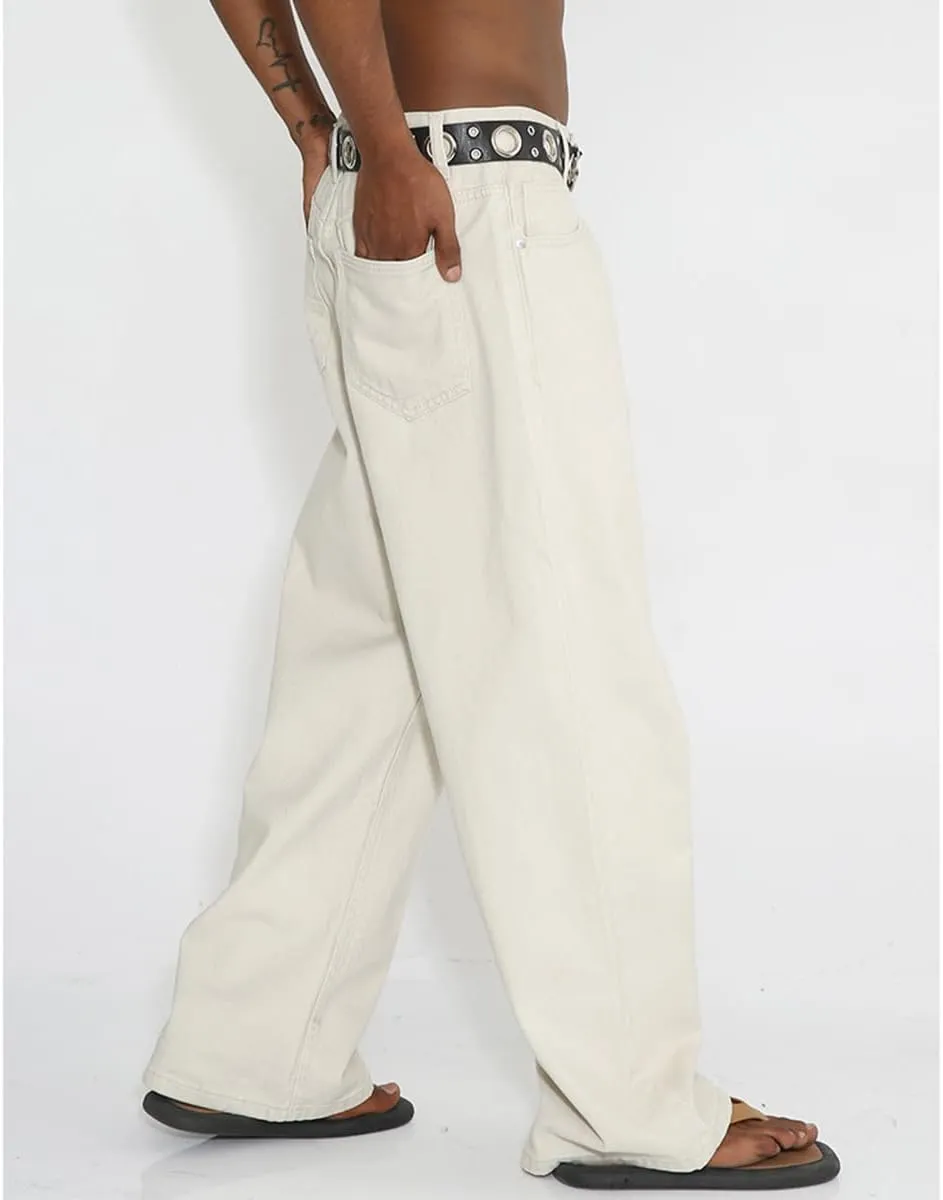 Men High Waist Solid Color Relaxed Fit Jeans Casual Stretch Straight Wide Leg Jeans