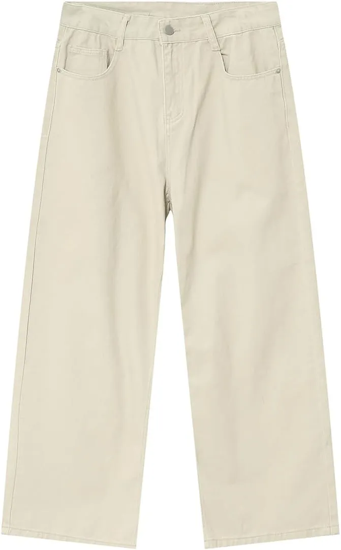 Men High Waist Solid Color Relaxed Fit Jeans Casual Stretch Straight Wide Leg Jeans