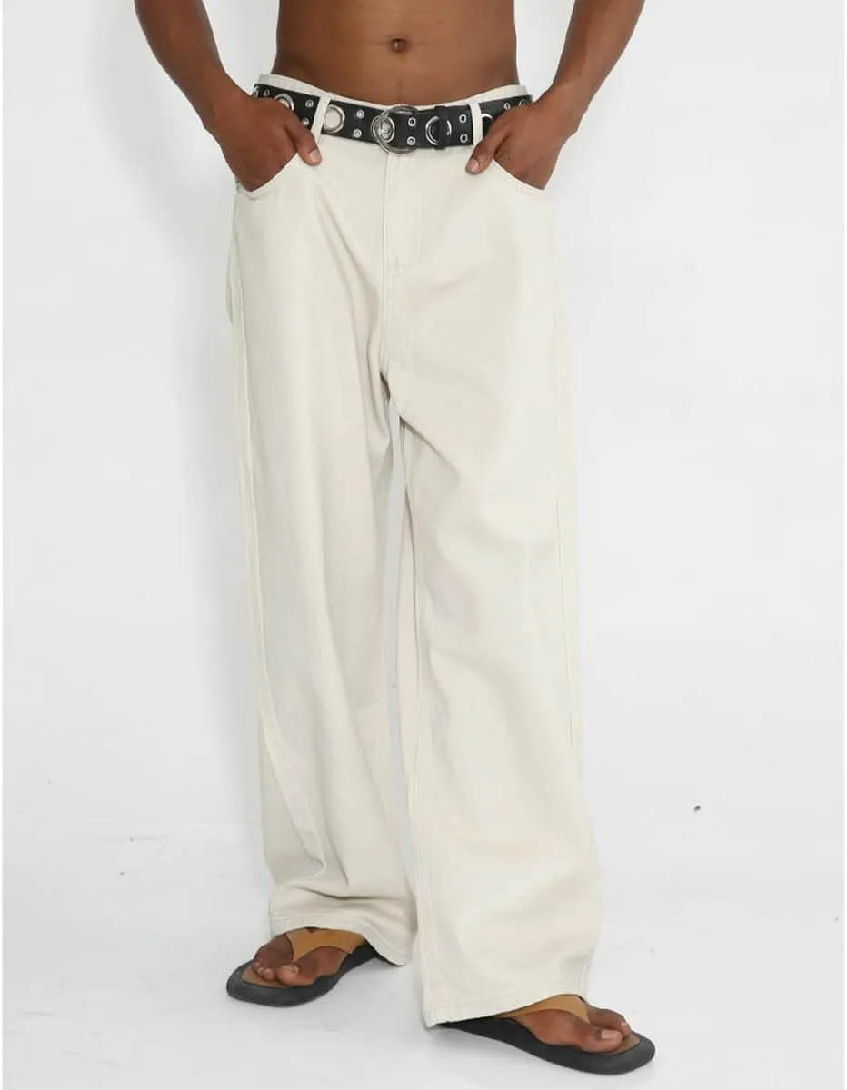 Men High Waist Solid Color Relaxed Fit Jeans Casual Stretch Straight Wide Leg Jeans