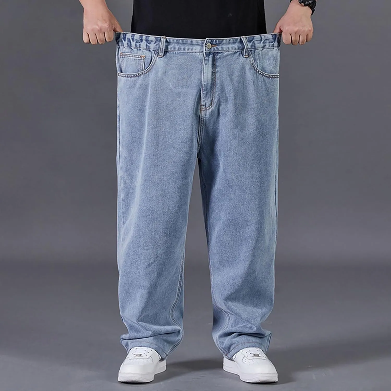 Men Plus Size Jeans Classic Basic Plain Relaxed Fit Denim Pants Open Bottom Summer Casual Straight Leg Baggy Trousers