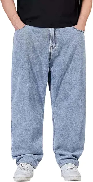 Men Plus Size Jeans Classic Basic Plain Relaxed Fit Denim Pants Open Bottom Summer Casual Straight Leg Baggy Trousers