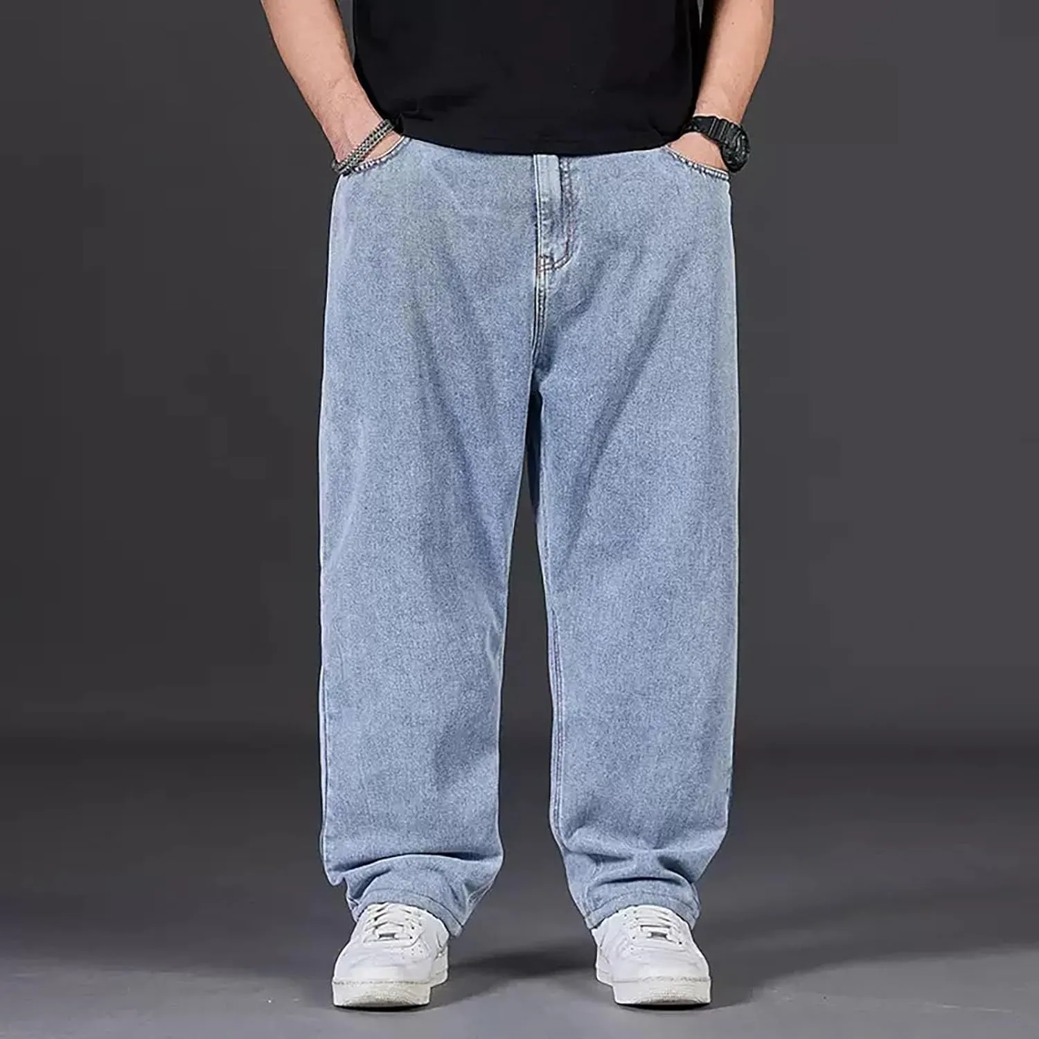 Men Plus Size Jeans Classic Basic Plain Relaxed Fit Denim Pants Open Bottom Summer Casual Straight Leg Baggy Trousers