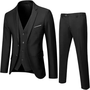 Mens 3 Piece Formal Suit Set Slim Fit Two Button Blazer Jacket Solid Vest Tailored Dress Pants for Business