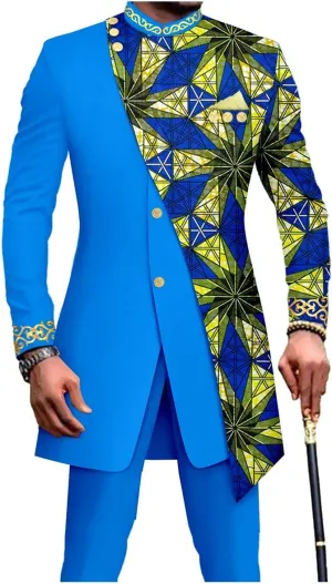 Men's African Inspired Suit Set Long Tailored Blazer Pants with Asymmetric Design for Party Wedding Evening