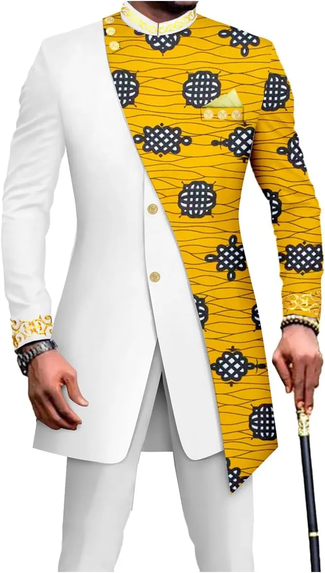 Men's African Inspired Suit Set Long Tailored Blazer Pants with Asymmetric Design for Party Wedding Evening