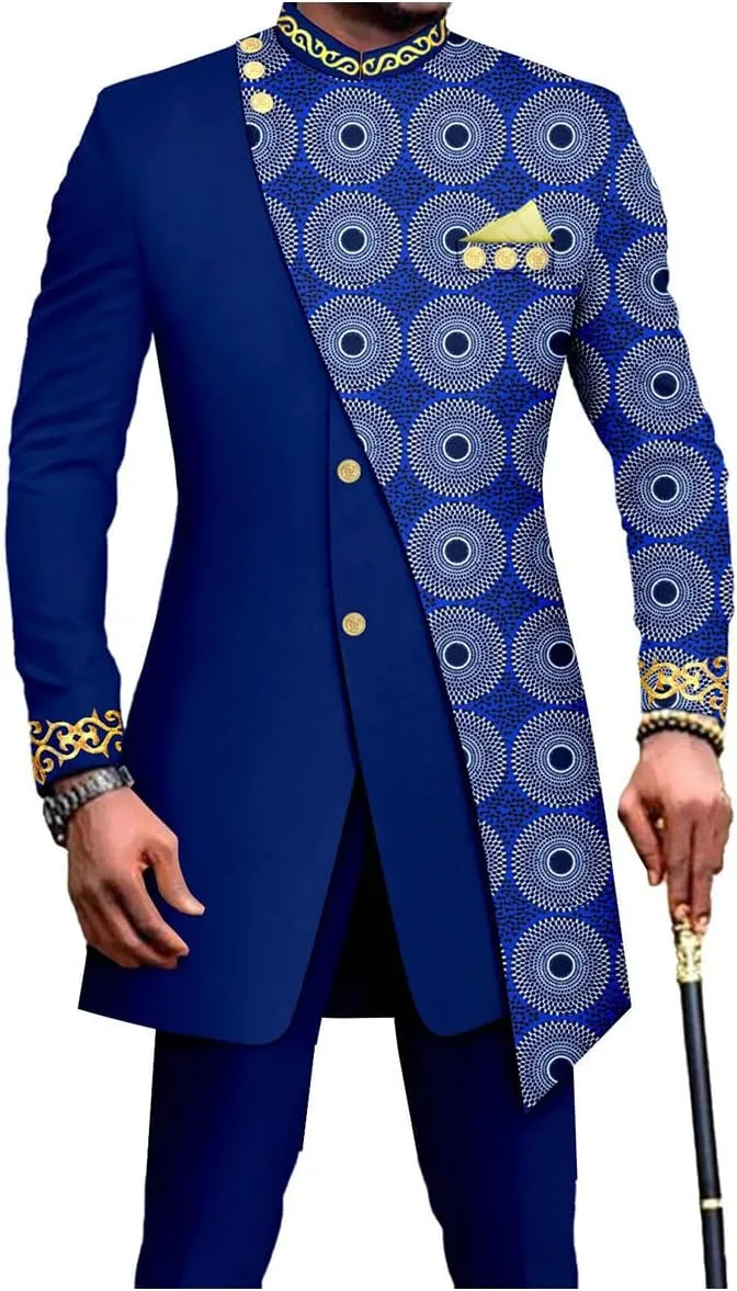 Men's African Inspired Suit Set Long Tailored Blazer Pants with Asymmetric Design for Party Wedding Evening
