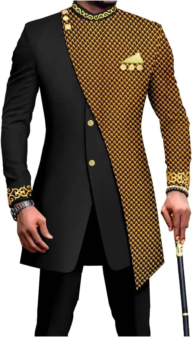 Men's African Inspired Suit Set Long Tailored Blazer Pants with Asymmetric Design for Party Wedding Evening
