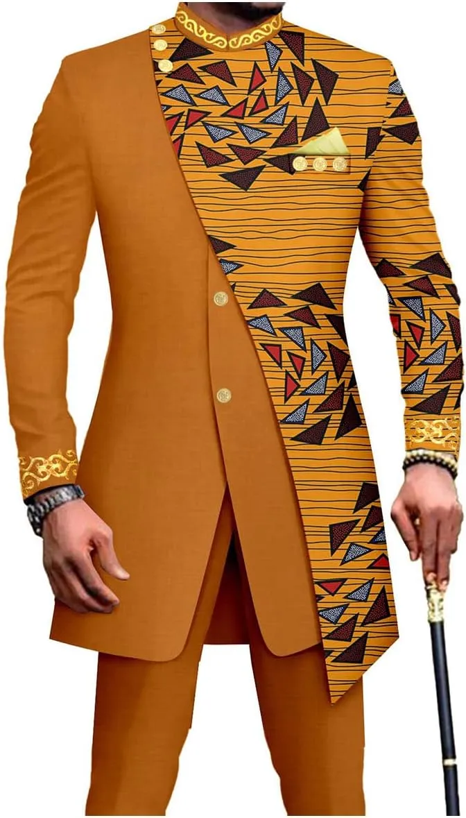 Men's African Inspired Suit Set Long Tailored Blazer Pants with Asymmetric Design for Party Wedding Evening