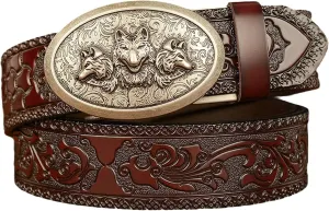 Mens Belts Sliding Automatic,Western Wolf Fox Buckle Ratchet Dress Belt Leather Strap Gifts,Brown,110cm/43.3''