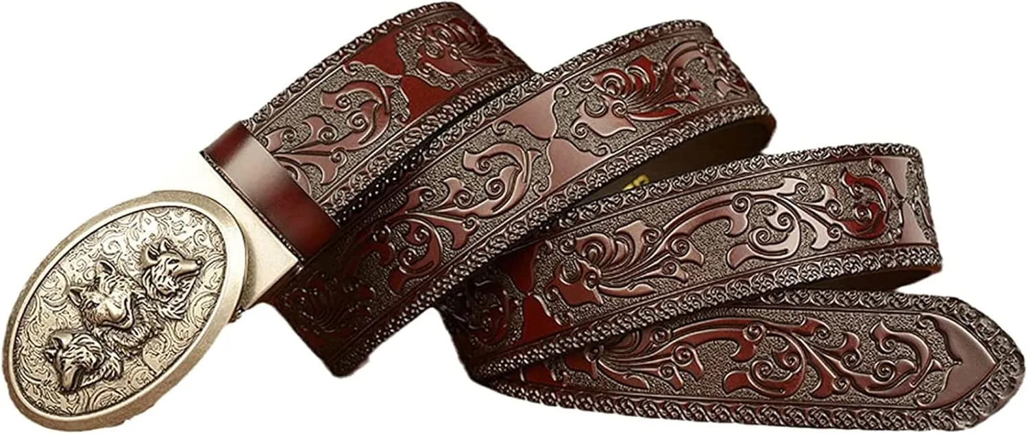 Mens Belts Sliding Automatic,Western Wolf Fox Buckle Ratchet Dress Belt Leather Strap Gifts,Brown,110cm/43.3''