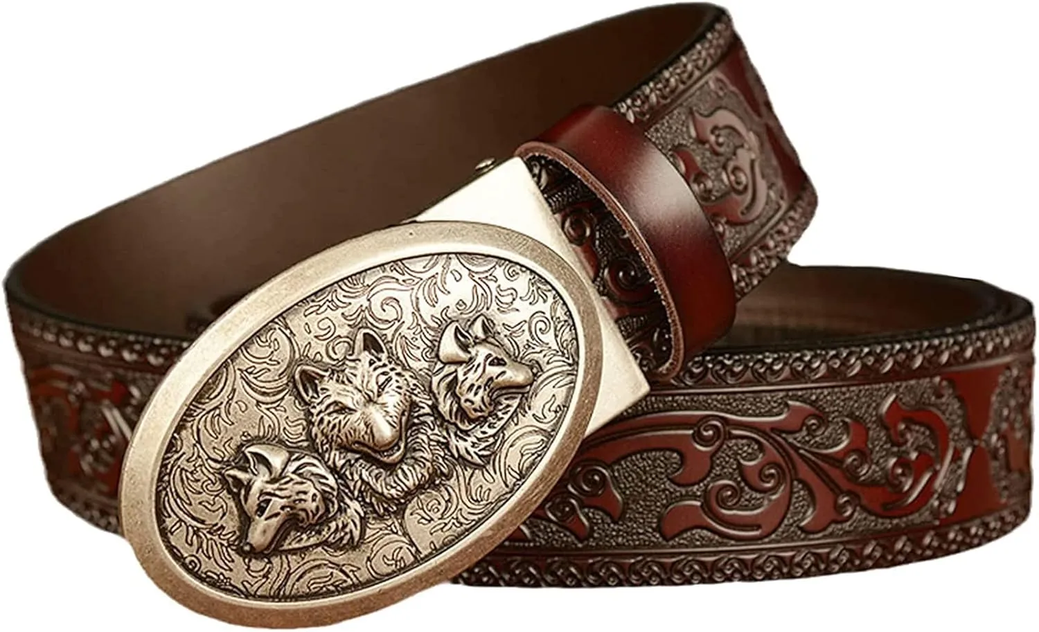 Mens Belts Sliding Automatic,Western Wolf Fox Buckle Ratchet Dress Belt Leather Strap Gifts,Brown,110cm/43.3''
