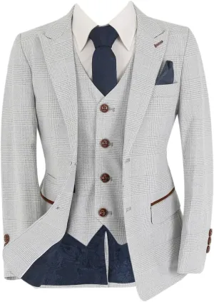 Mens Boys Plaid Check Stone Beige Suit Tailored Fit Classic Retro Formal Wedding Father and Son Set