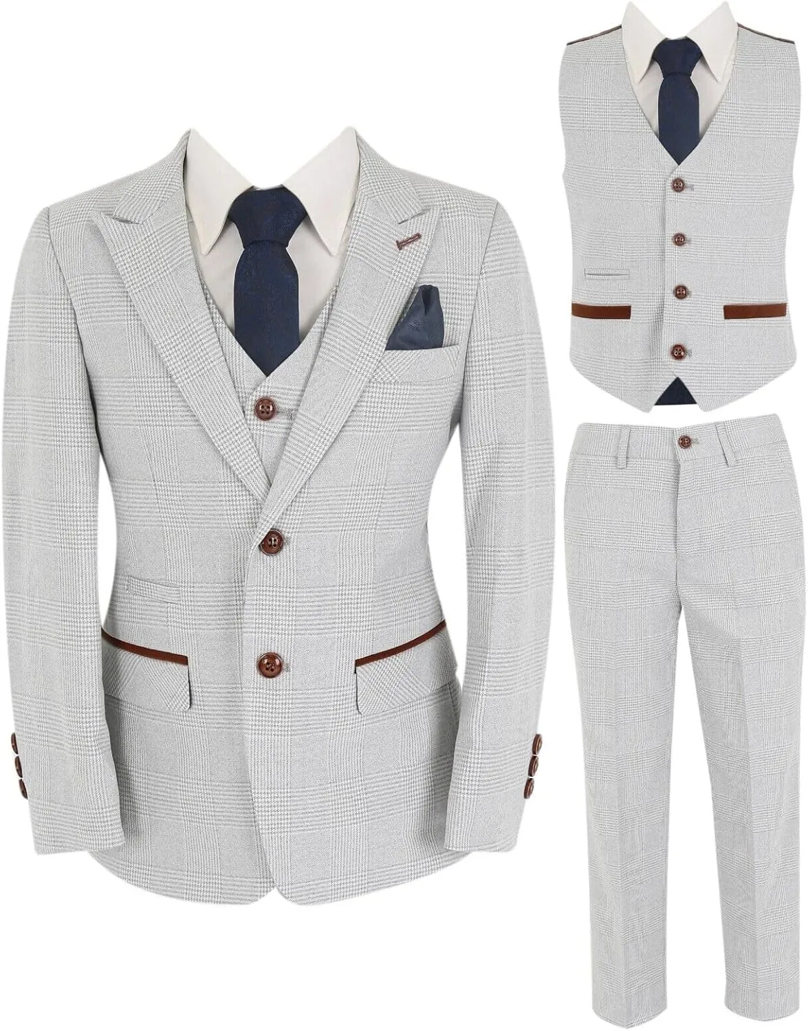 Mens Boys Plaid Check Stone Beige Suit Tailored Fit Classic Retro Formal Wedding Father and Son Set