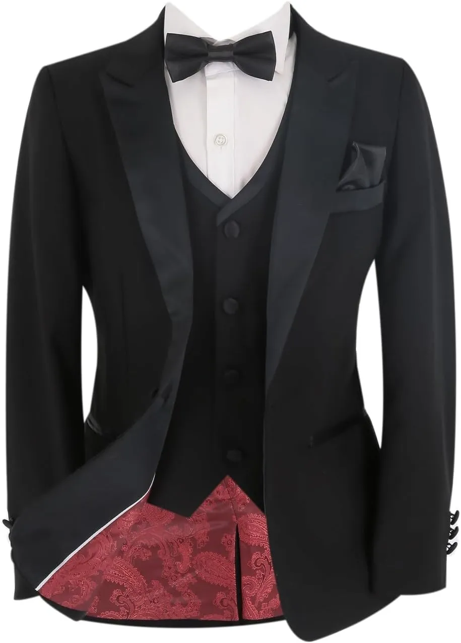 Mens Boys Tuxedo Black Suit Formal Tailored Fit 3 Piece Set, Wedding Birthday Dinner Party Father and Son Set
