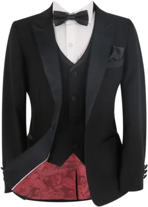 Mens Boys Tuxedo Black Suit Formal Tailored Fit 3 Piece Set, Wedding Birthday Dinner Party Father and Son Set
