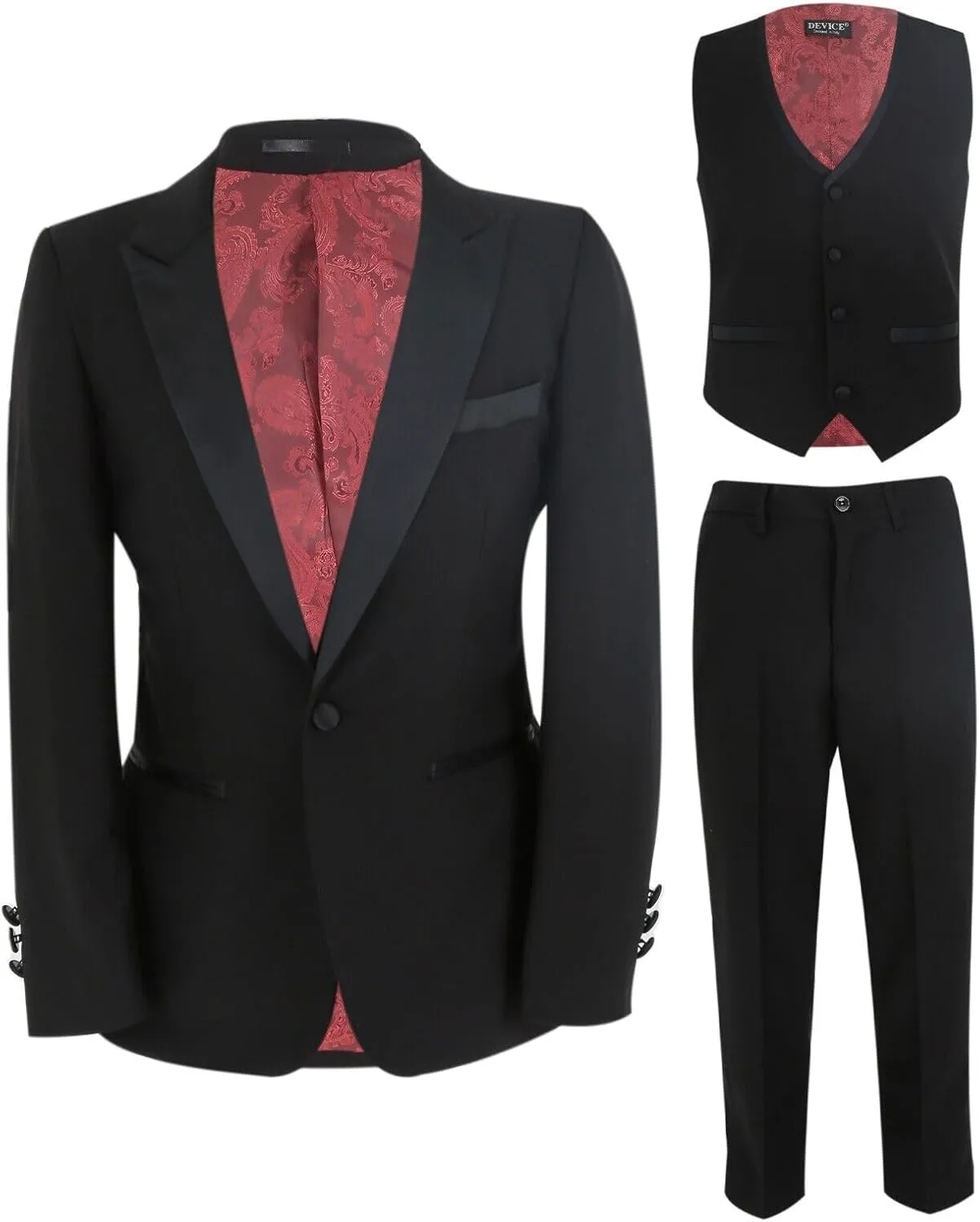 Mens Boys Tuxedo Black Suit Formal Tailored Fit 3 Piece Set, Wedding Birthday Dinner Party Father and Son Set