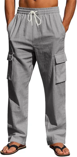 Men's Casual Linen Pants Drawstring Joggers Sweatpants Solid Loose Straight Sweatpants Relaxed Fit Comfy Trousers