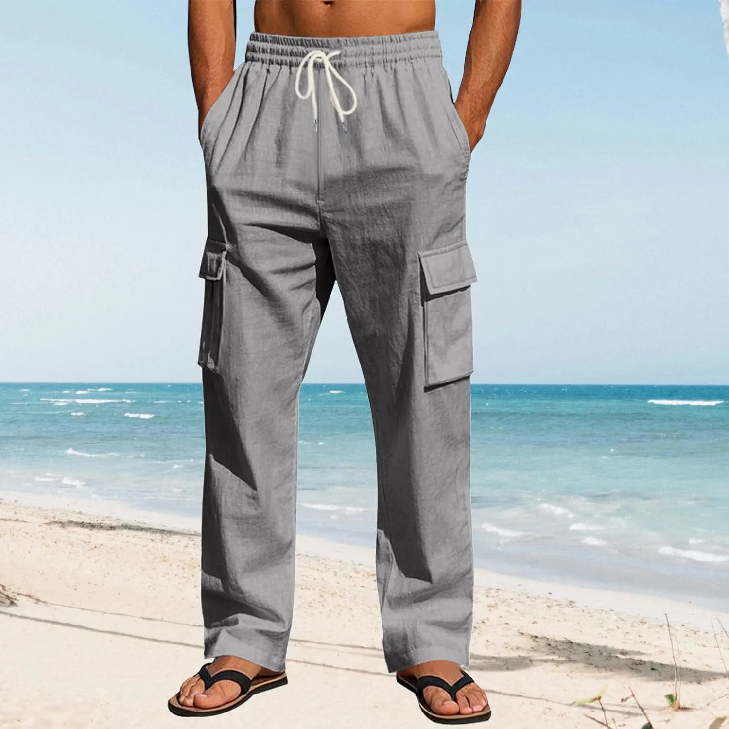 Men's Casual Linen Pants Drawstring Joggers Sweatpants Solid Loose Straight Sweatpants Relaxed Fit Comfy Trousers