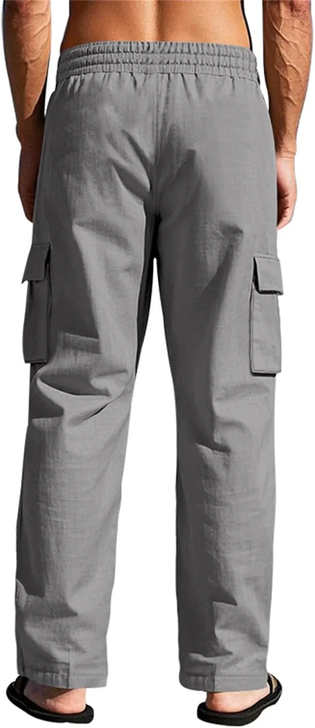 Men's Casual Linen Pants Drawstring Joggers Sweatpants Solid Loose Straight Sweatpants Relaxed Fit Comfy Trousers