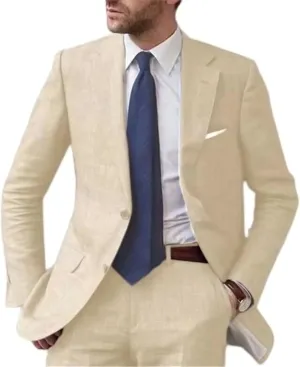 Mens Casual Linen Tailored Beach Wedding Slim Fit Tuxedo Suit Blazer Business Blazer Pants Men's Summer 2 Piece Suit Set