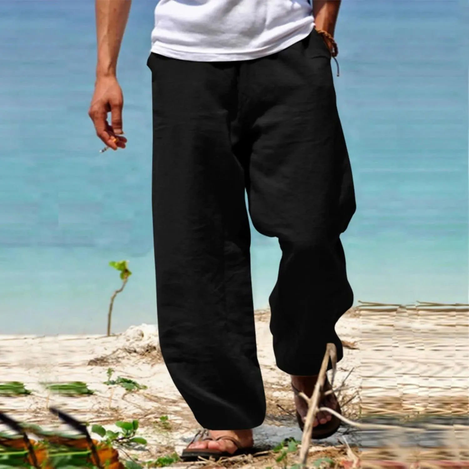Men's Cotton Linen Trousers Loose Fit Straight Leg Pants Casual Drawstring Thin Pant Spring Fashion Vacation Trousers