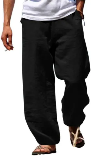 Men's Cotton Linen Trousers Loose Fit Straight Leg Pants Casual Drawstring Thin Pant Spring Fashion Vacation Trousers