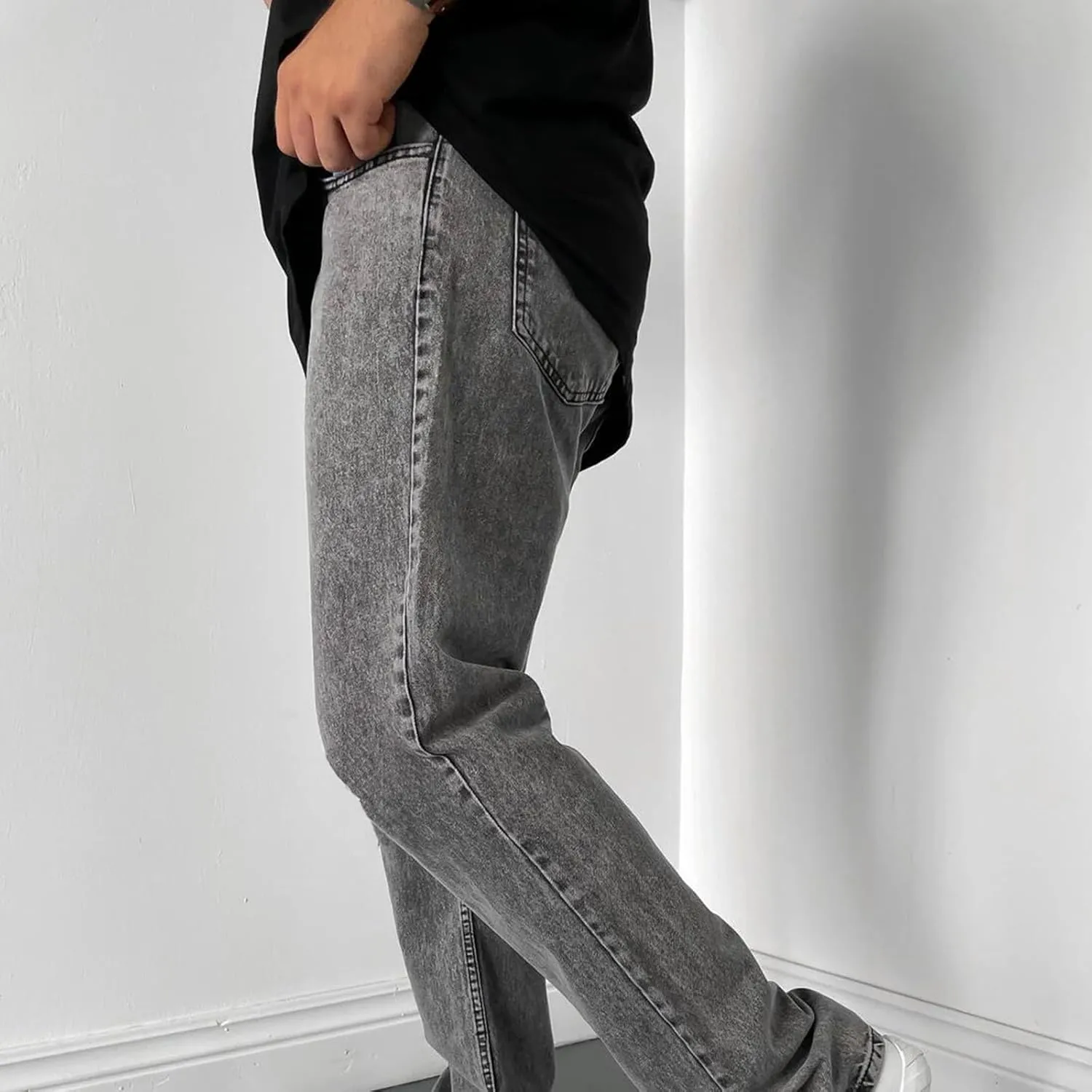 Men's High Waist Loose Jeans Stretch Baggy Straight Leg Denim Utility Work Pants Relaxed Fit Slacks Wide Leg Trousers