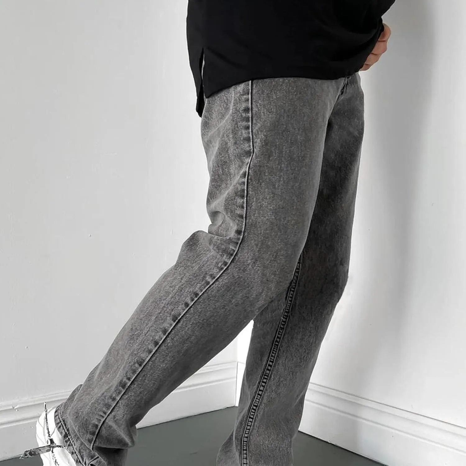 Men's High Waist Loose Jeans Stretch Baggy Straight Leg Denim Utility Work Pants Relaxed Fit Slacks Wide Leg Trousers