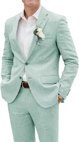 Men's Linen Suits Slim Fit 2 Piece Lightweight Beach Wedding Groom Suit Summer Tailored Blazer and Pants Tuxedo
