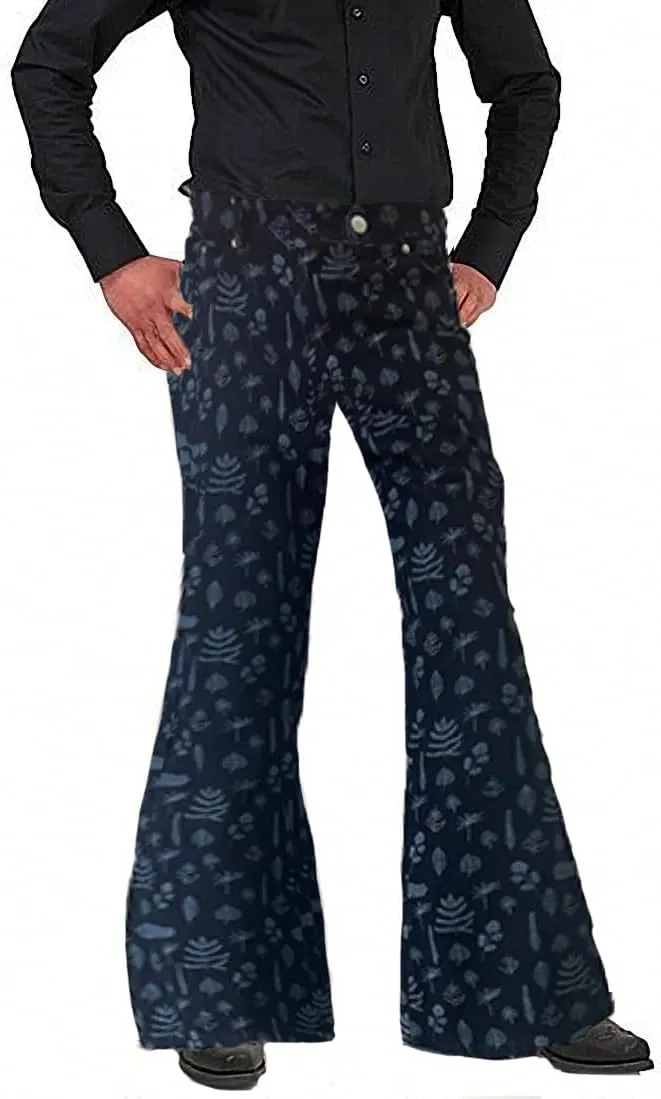 Men's Relaxed Vintage 60s 70s Bell Bottom Tassel Printing Trousers Stretch Classic Comfort Flared Disco Denim Jeans