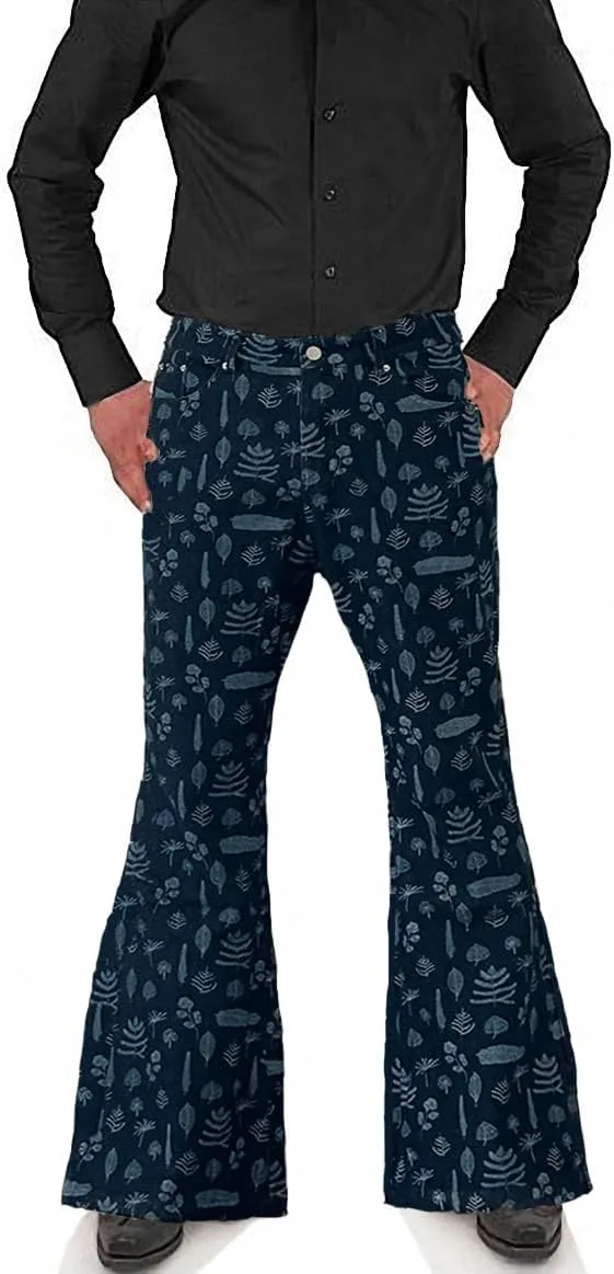 Men's Relaxed Vintage 60s 70s Bell Bottom Tassel Printing Trousers Stretch Classic Comfort Flared Disco Denim Jeans