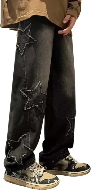 Mens Star Graphic Y2K Baggy Jeans Relaxed Fit Casual Hip Hop Wide Leg Trousers Fashion Loose Denim Pants Streetwear