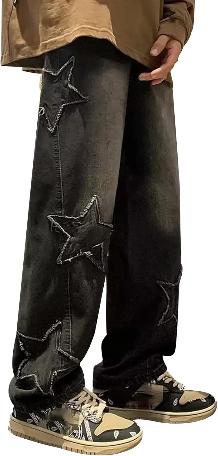 Mens Star Graphic Y2K Baggy Jeans Relaxed Fit Casual Hip Hop Wide Leg Trousers Fashion Loose Denim Pants Streetwear