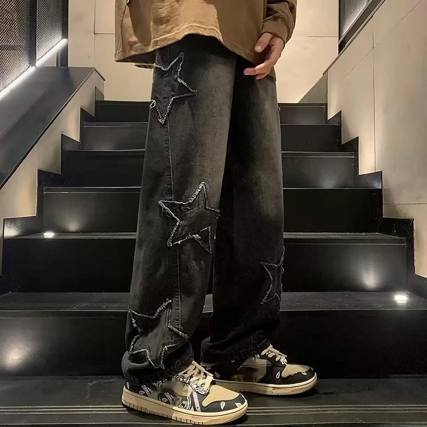 Mens Star Graphic Y2K Baggy Jeans Relaxed Fit Casual Hip Hop Wide Leg Trousers Fashion Loose Denim Pants Streetwear