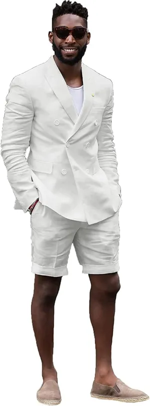 Mens Summer Casual White Tailored Beach Wedding Slim Fit Tuxedo Suit Blazer & Shorts Set