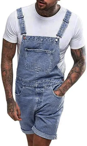 Mens Summer Short Overalls Denim Bib Shorts Casual Outdoor Vintage Distressed Jeans Jumpsuit Shorts with Pockets