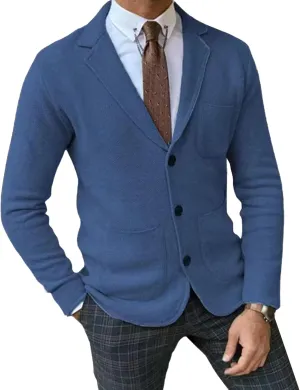 Mens Tailored Collar Cardigan Sweaters Elastic Long Sleeve Pockets Knitwear Button Down Knit Blazer Jacket