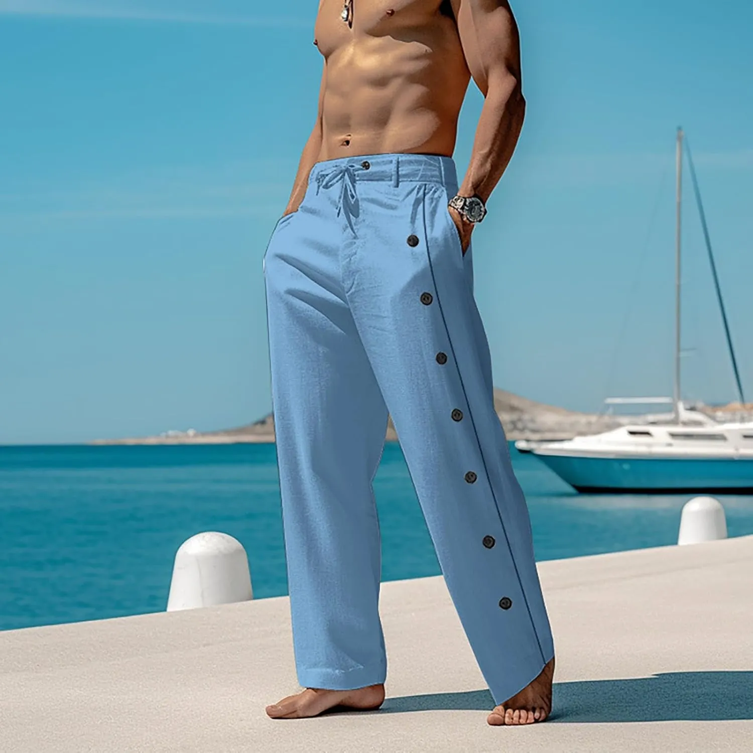 Mens Tailored Wide Leg Pants Linen Beach Summer Pants Elastic Waist Drawstring Casual Loose Yoga Hawaiian Trousers